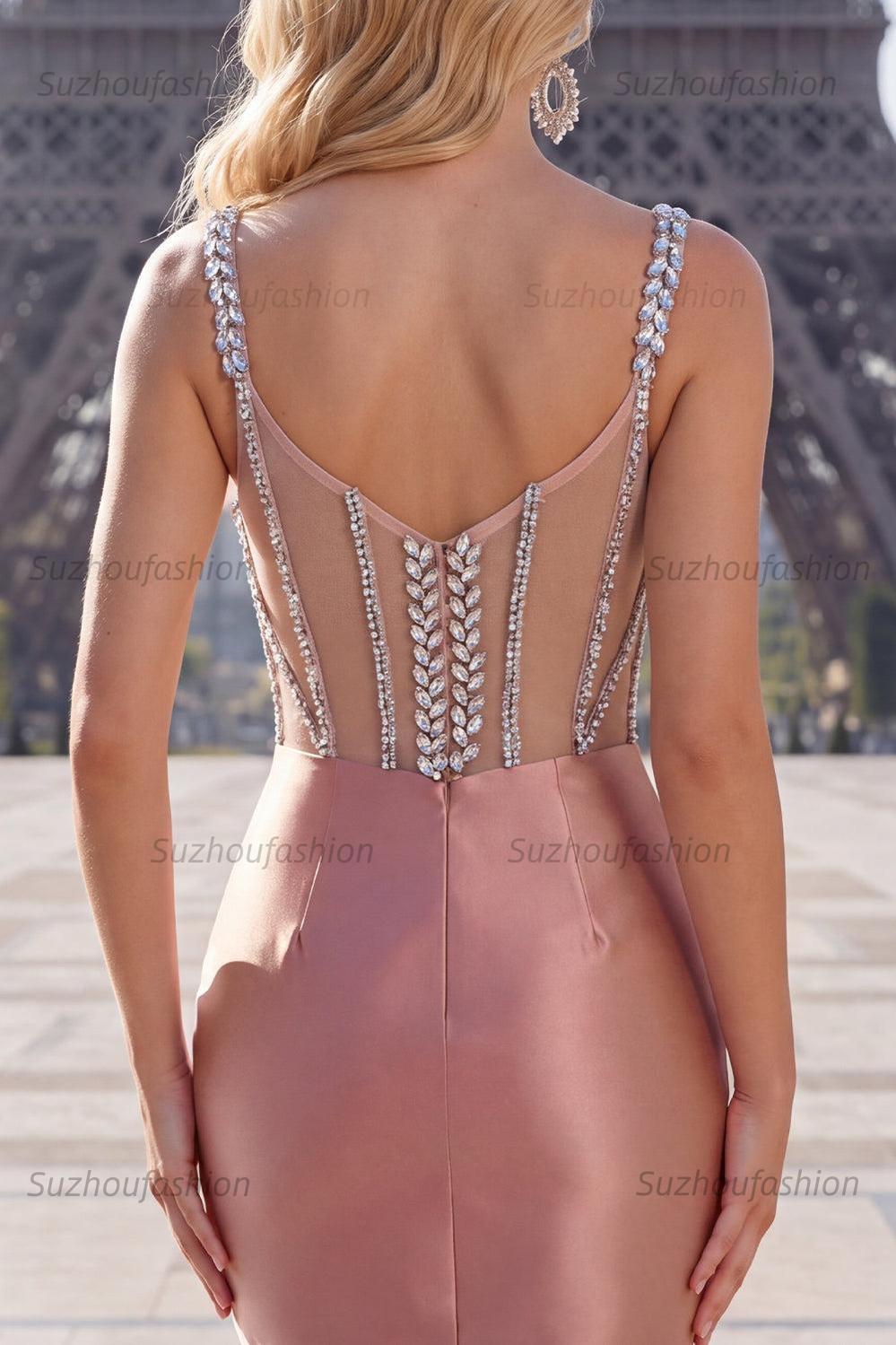 Suzhoufashion Blush Spaghetti Straps Beaded Corset Tight Short Homecoming Dress