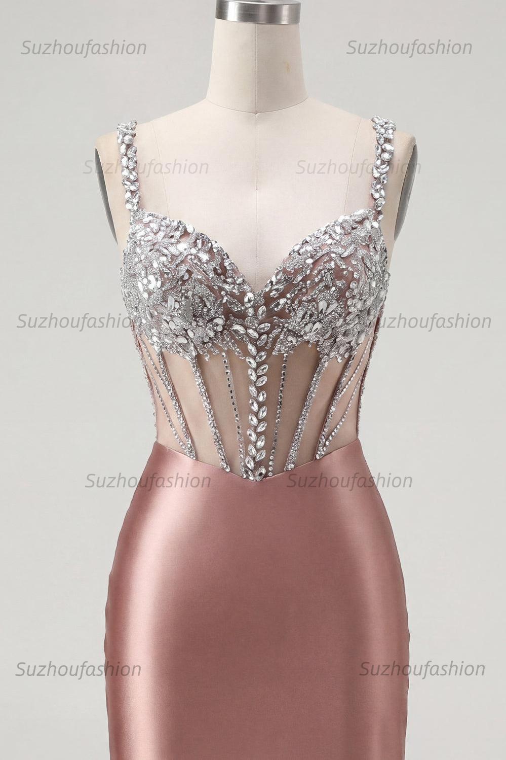 Suzhoufashion Blush Spaghetti Straps Beaded Corset Tight Short Homecoming Dress