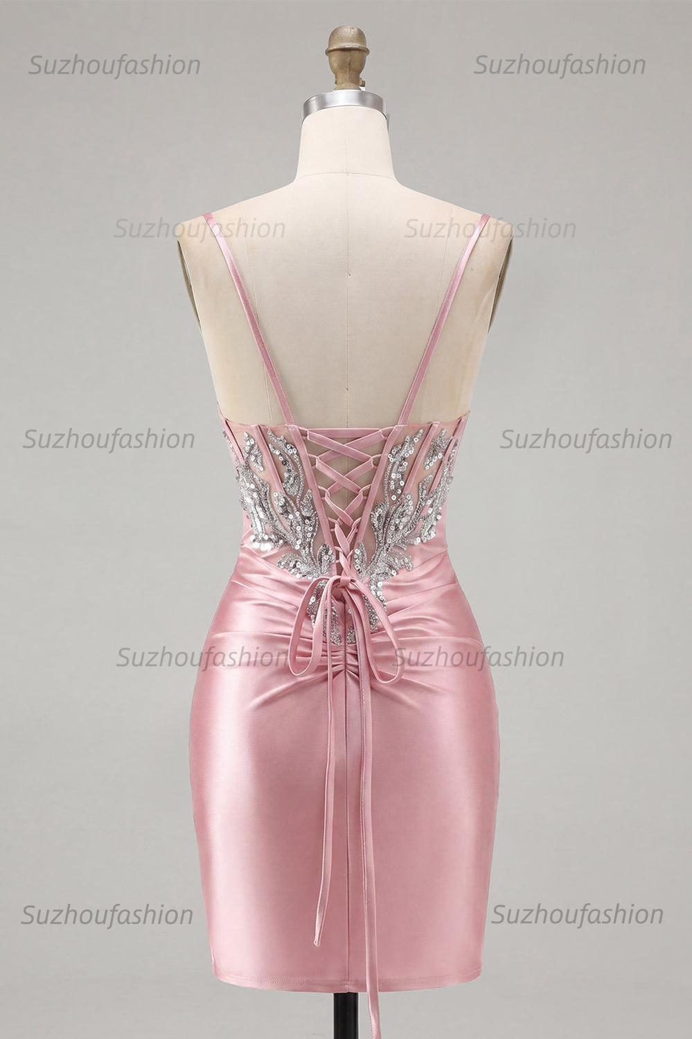 Suzhoufashion Blush Spaghetti Straps Beaded Tight Corset Short Homecoming Dress