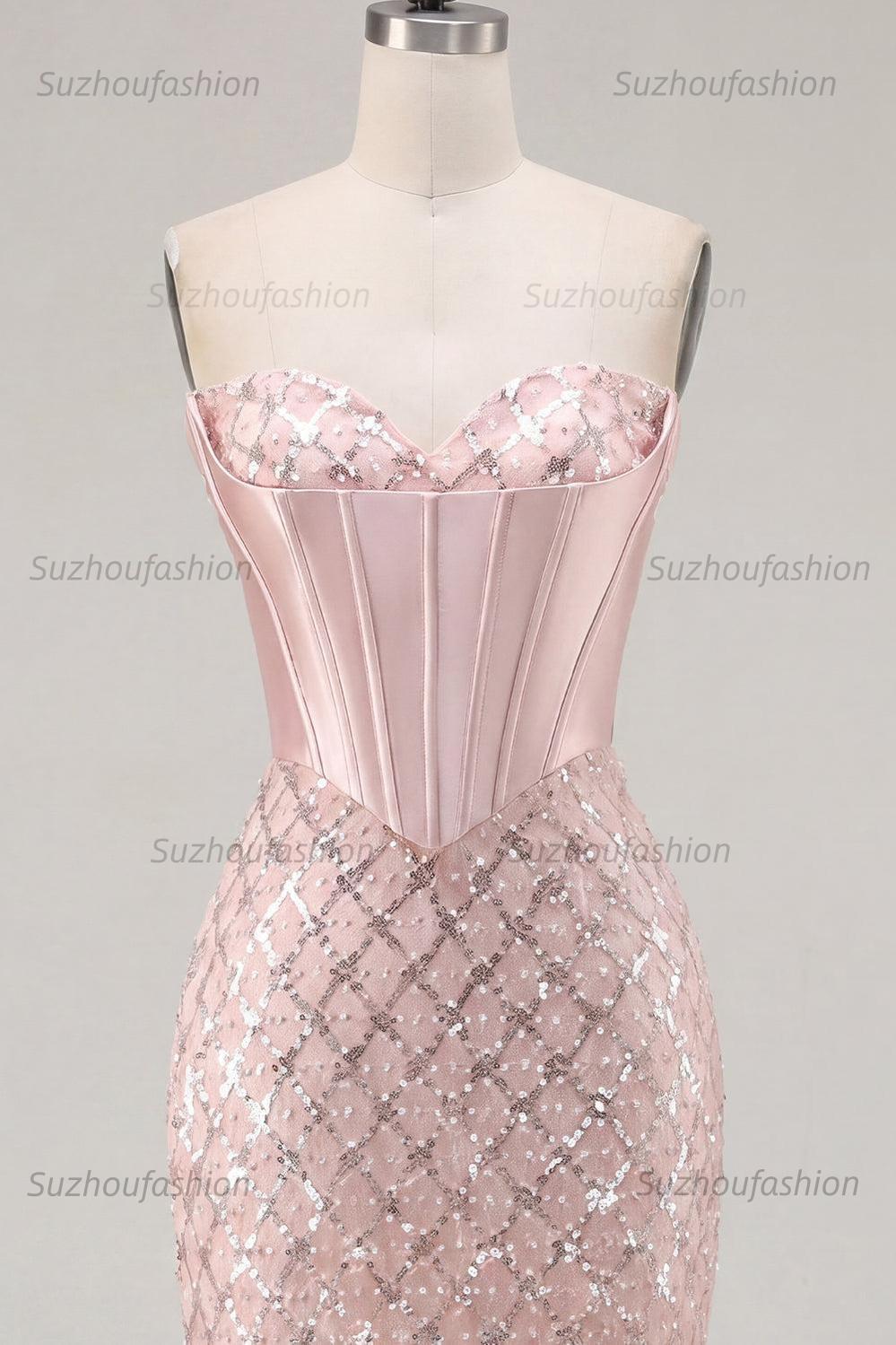 Suzhoufashion Blush Strapless Beaded Corset Tight Short Homecoming Dress