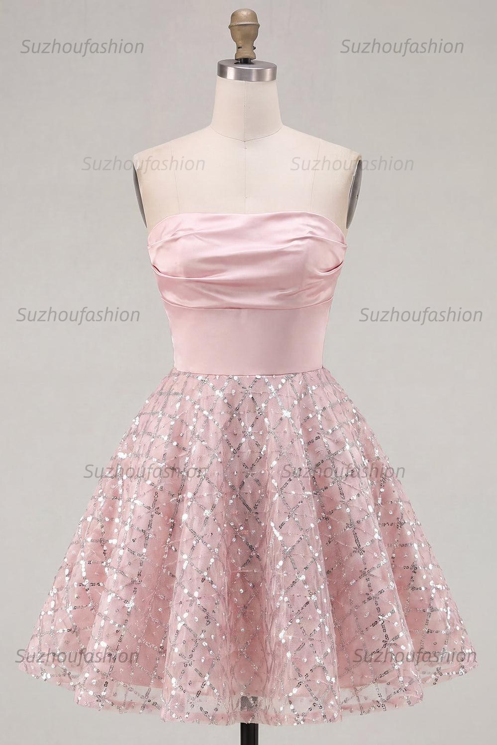 Suzhoufashion Blush Strapless Beaded Ruched A-Line Short Homecoming Dress
