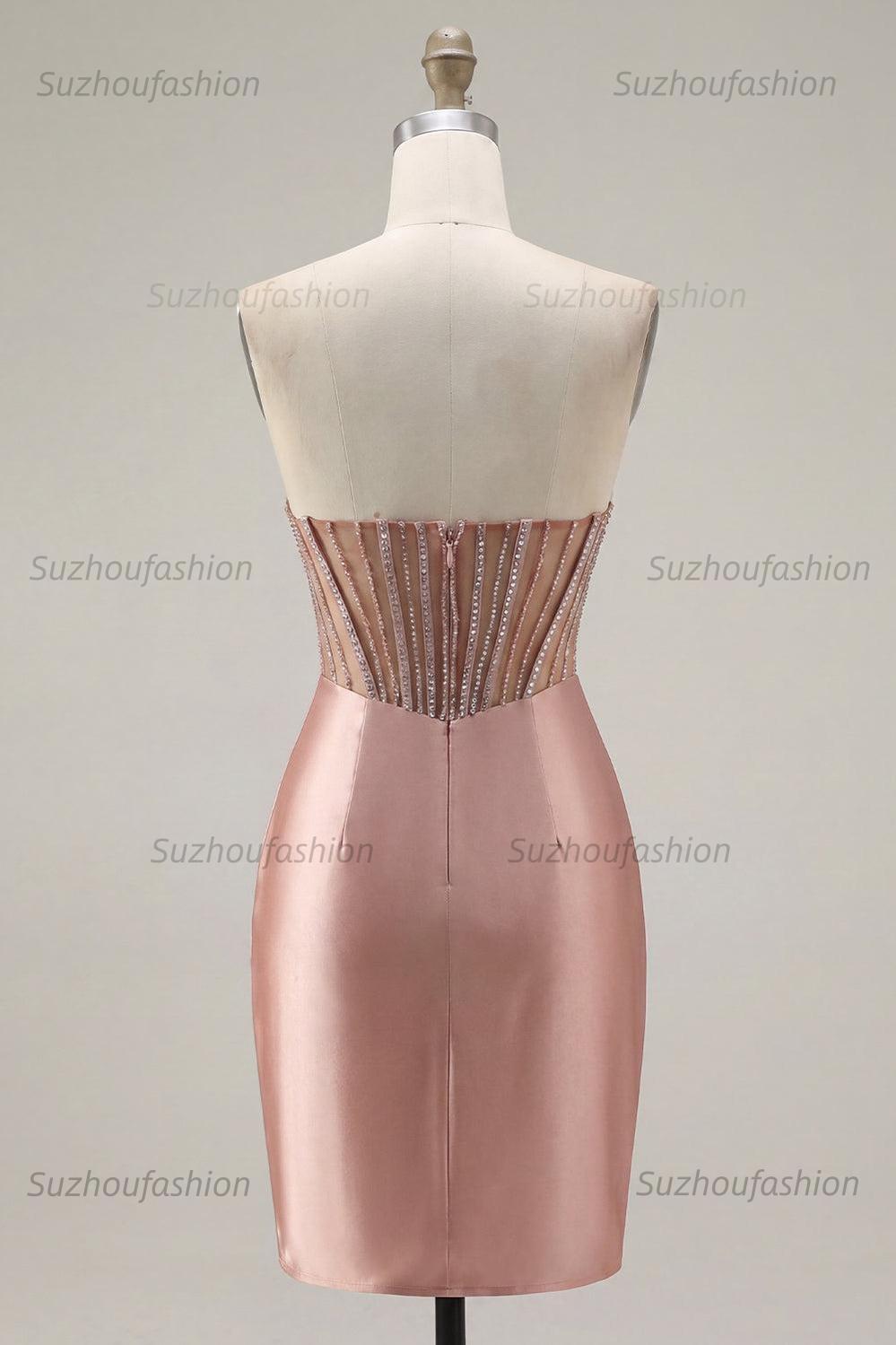Suzhoufashion Blush Strapless Ruched Corset Tight Short Homecoming Dress with Slit