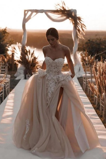 Suzhoufashion Boho Champagne Tulle Beach Wedding Dresses With Slit A-Line Lace Sleeveless