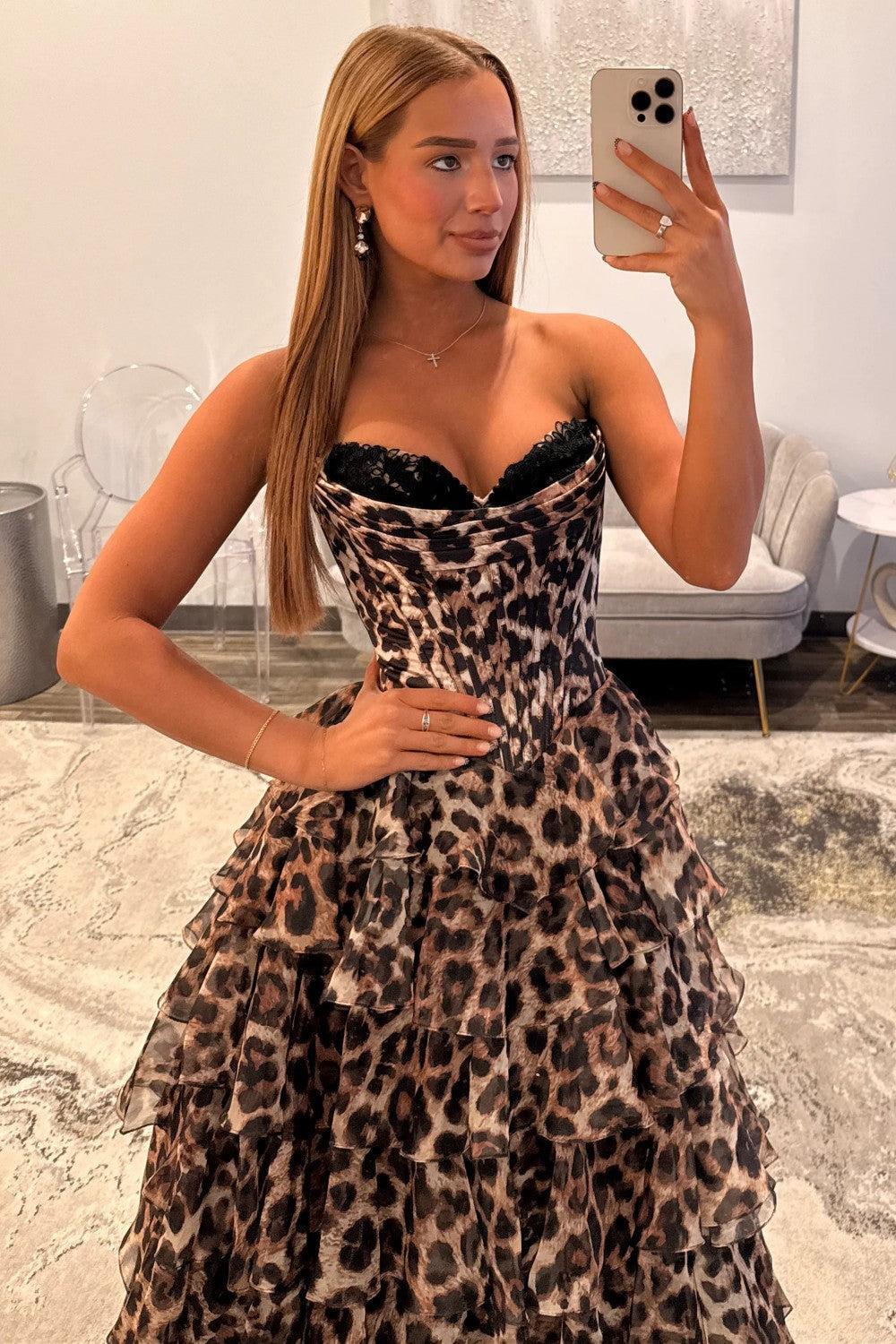 Suzhoufashion Bold Leopard Sweetheart Corset Prom Dress With Layered Ruffle Skirt Formal Evening Gown