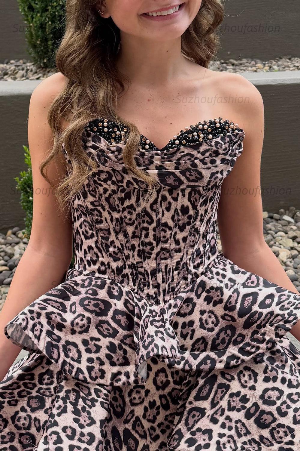 Suzhoufashion Brown Leopard Strapless Tiered Print Corset Short Homecoming Dress with Beading