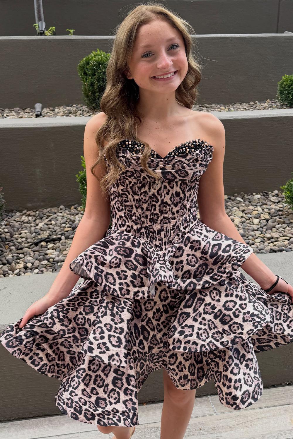 Suzhoufashion Brown Leopard Strapless Tiered Print Corset Short Homecoming Dress with Beading