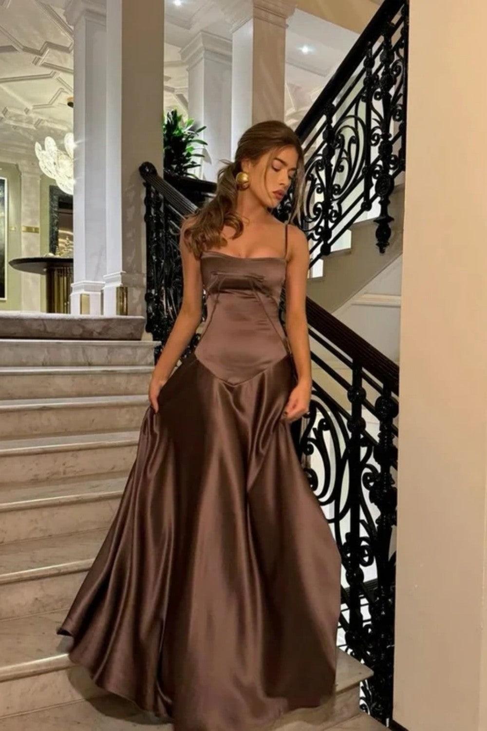 Suzhoufashion Brown Luxe Silk-Look Long Evening Dress With Fitted Bodice Formal Evening Gown