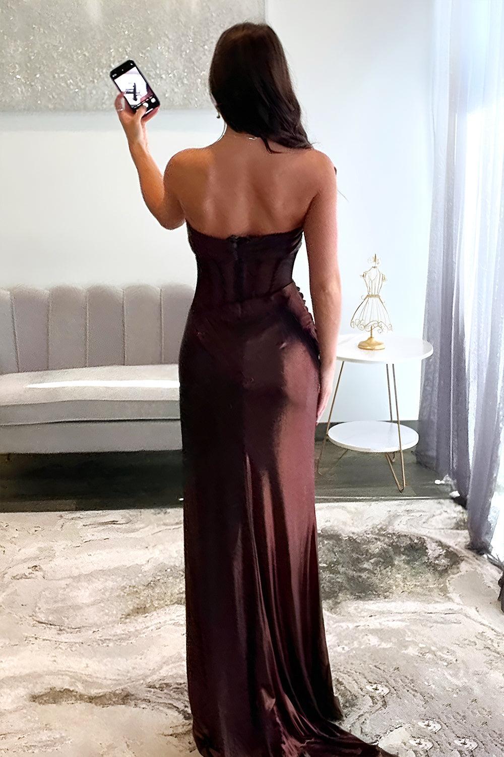 Suzhoufashion Brown Strapless Mermaid Prom Dress With Long Metallic Silhouette And High Slit Formal Evening Gown