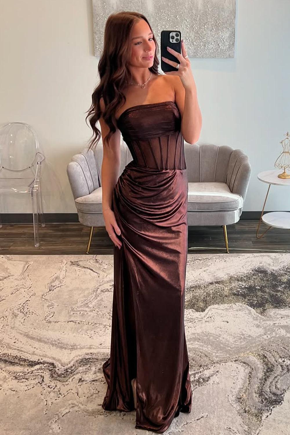 Suzhoufashion Brown Strapless Mermaid Prom Dress With Long Metallic Silhouette And High Slit Formal Evening Gown