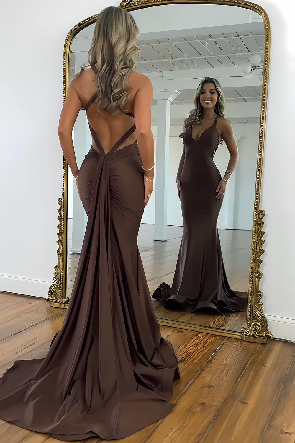 Suzhoufashion Brown V-Neck Cross Back Long Mermaid Prom Dress Formal Evening Gown