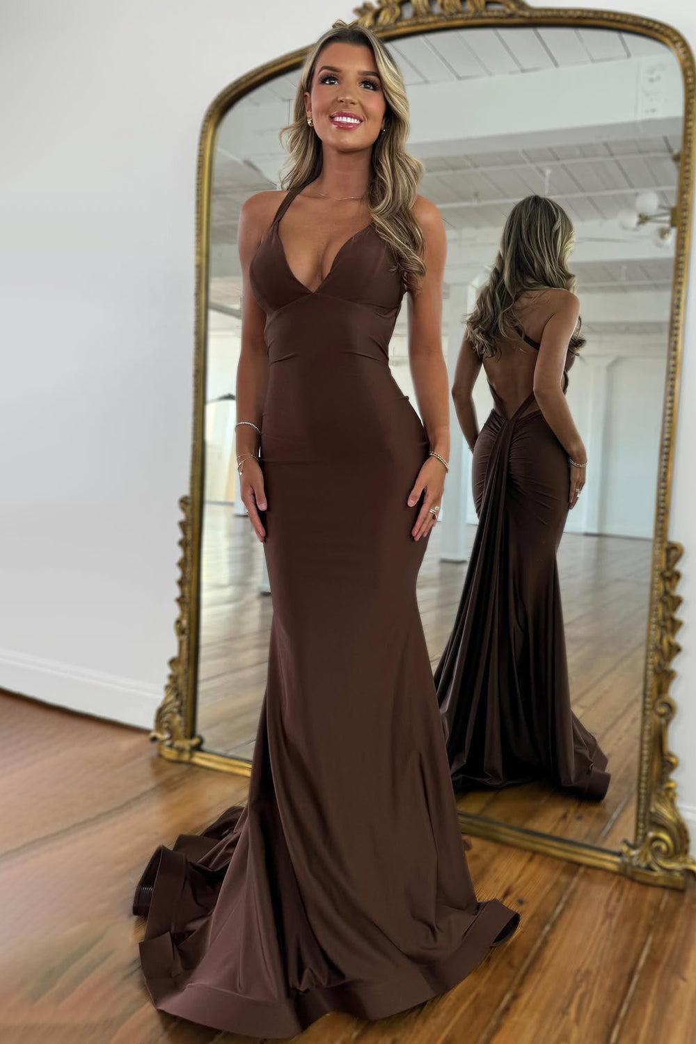 Suzhoufashion Brown V-Neck Cross Back Long Mermaid Prom Dress Formal Evening Gown