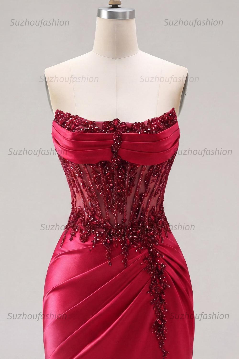 Suzhoufashion Burgundy Beaded Ruched Corset Tight Short Homecoming Dress with Slit