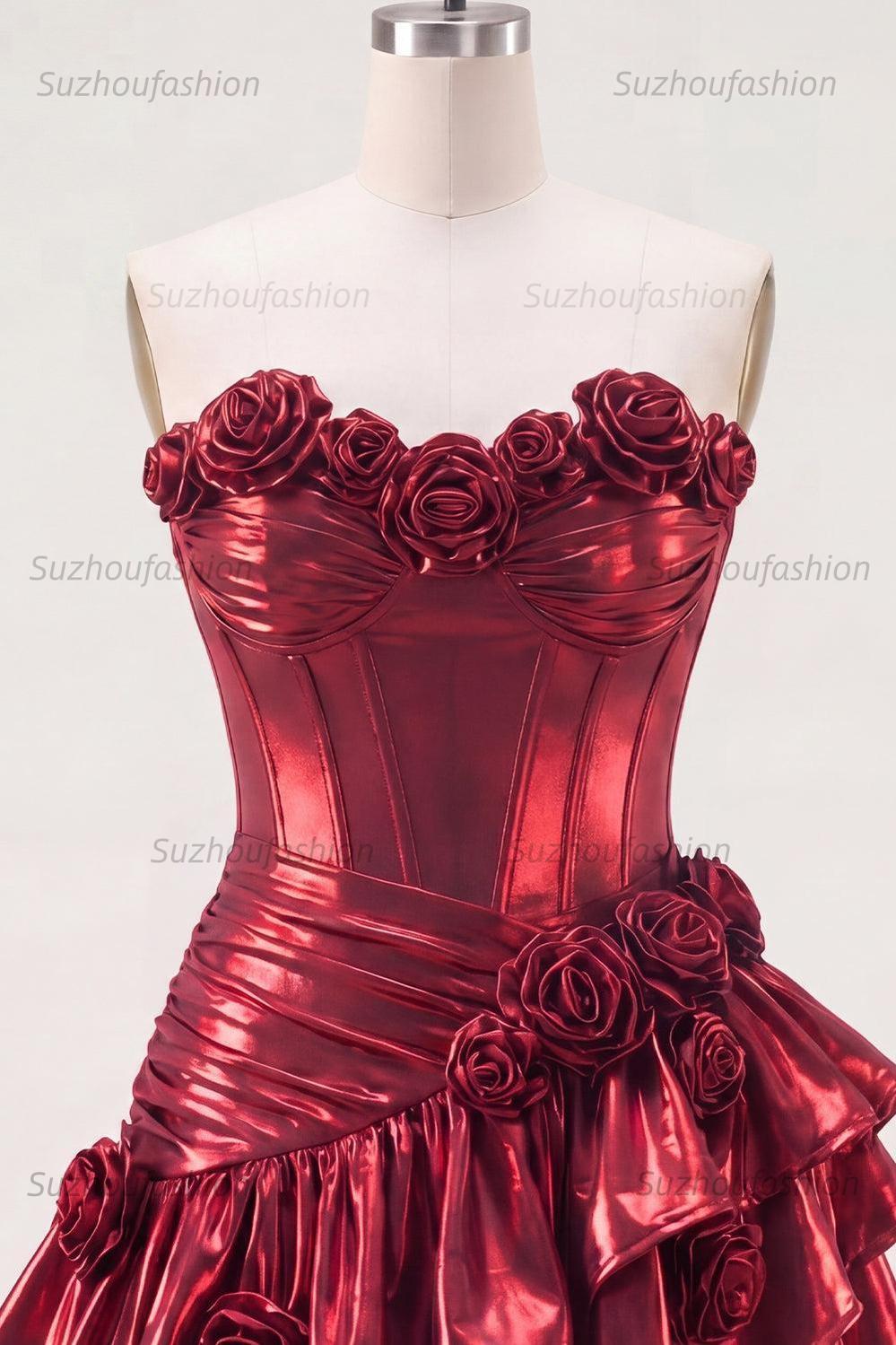 Suzhoufashion Burgundy Glitter Metallic A-Line Corset Short Homecoming Dress with Ruffles & 3D Flowers