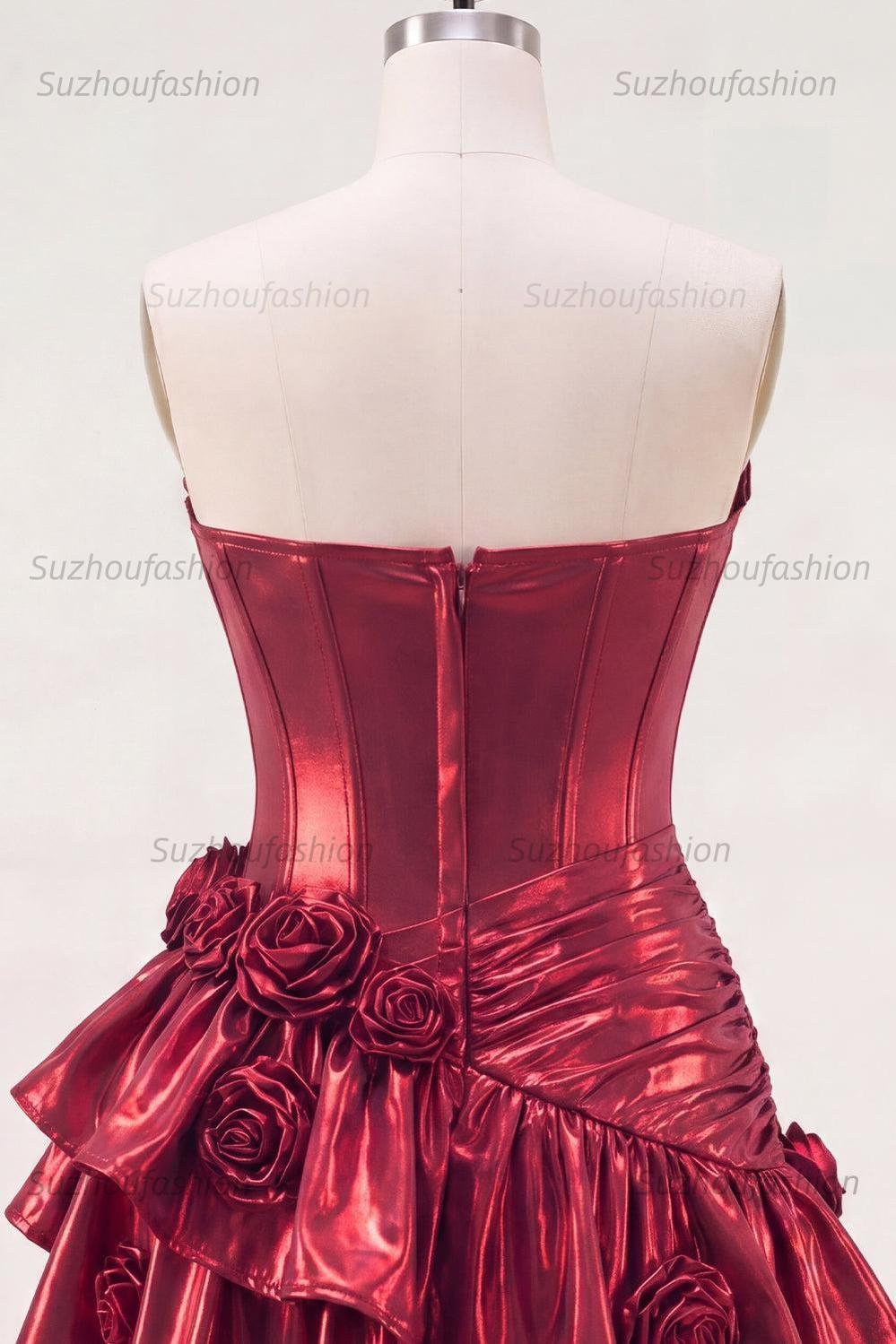 Suzhoufashion Burgundy Glitter Metallic A-Line Corset Short Homecoming Dress with Ruffles & 3D Flowers