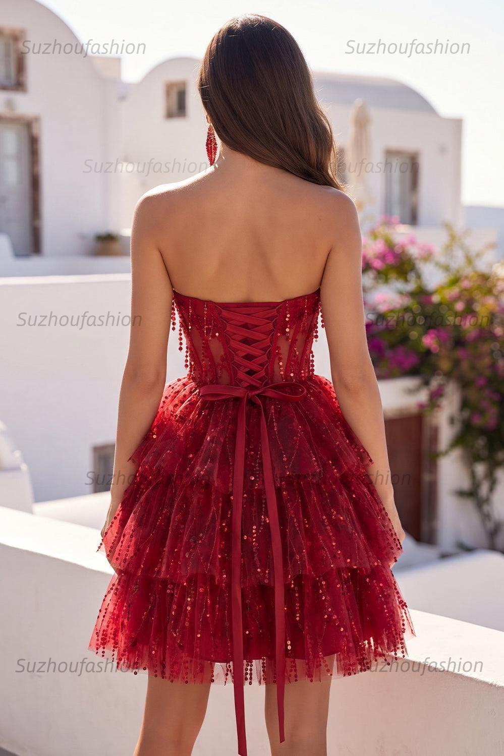 Suzhoufashion Burgundy Strapless Beaded A-Line Corset Short Homecoming Dress
