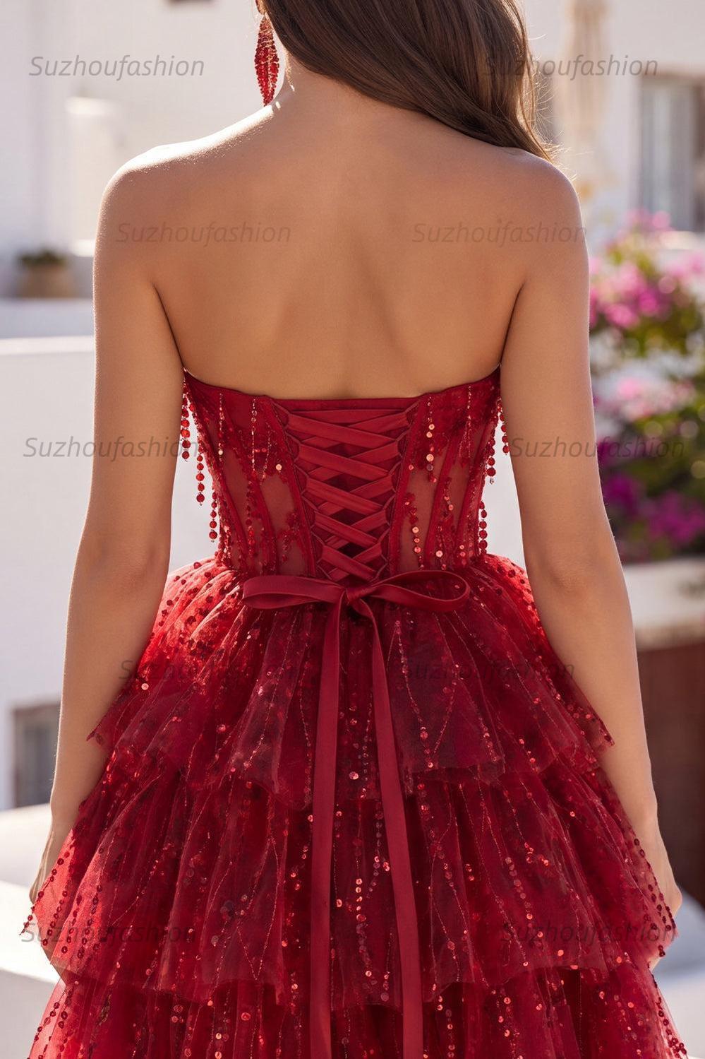 Suzhoufashion Burgundy Strapless Beaded A-Line Corset Short Homecoming Dress