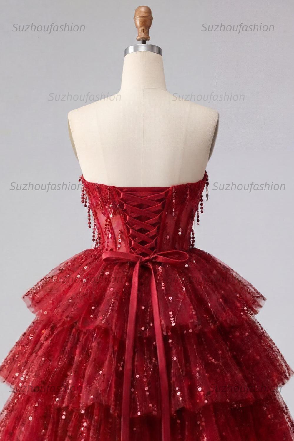 Suzhoufashion Burgundy Strapless Beaded A-Line Corset Short Homecoming Dress