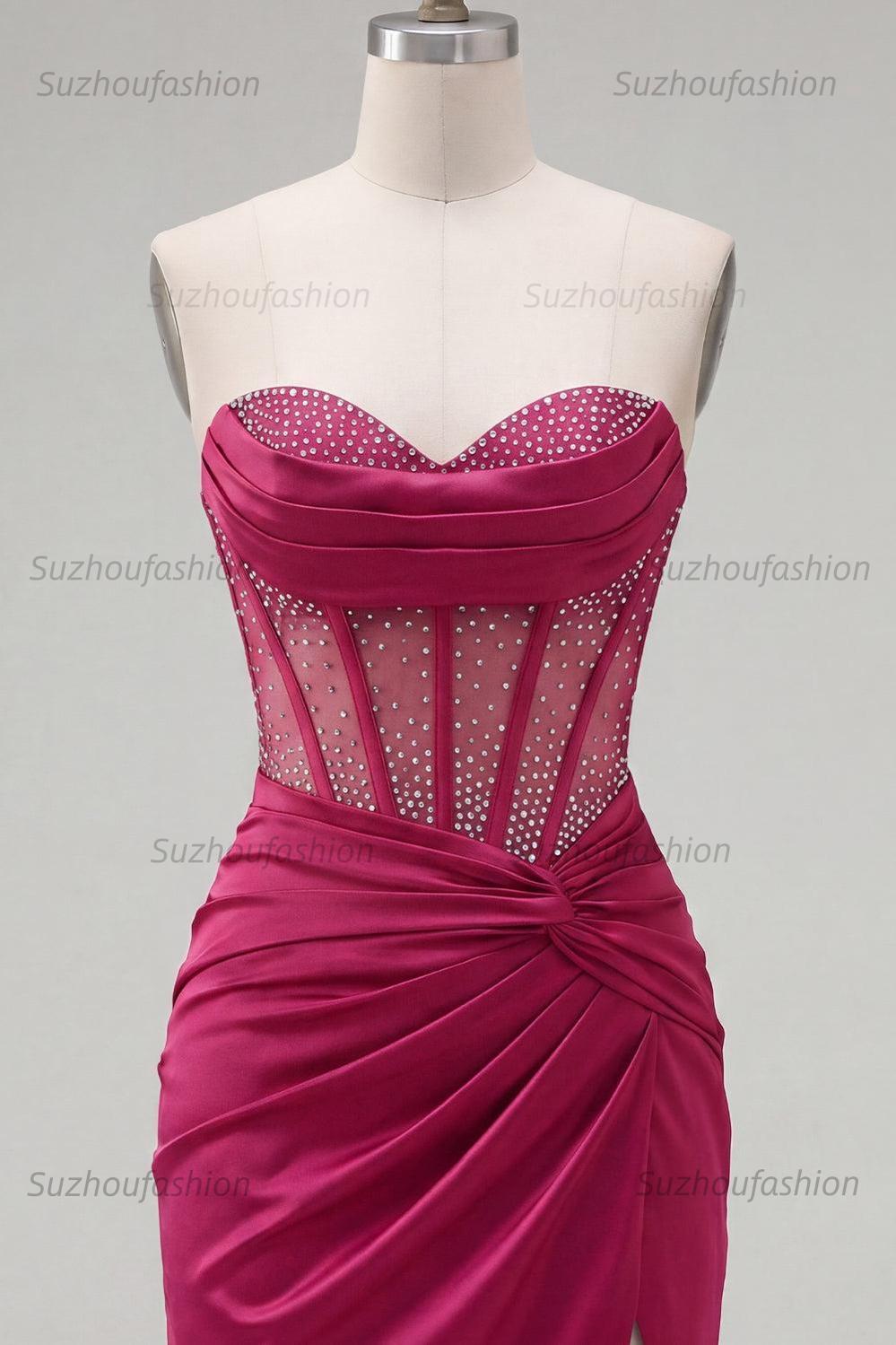 Suzhoufashion Burgundy Strapless Beaded Ruched Corset Tight Short Homecoming Dress