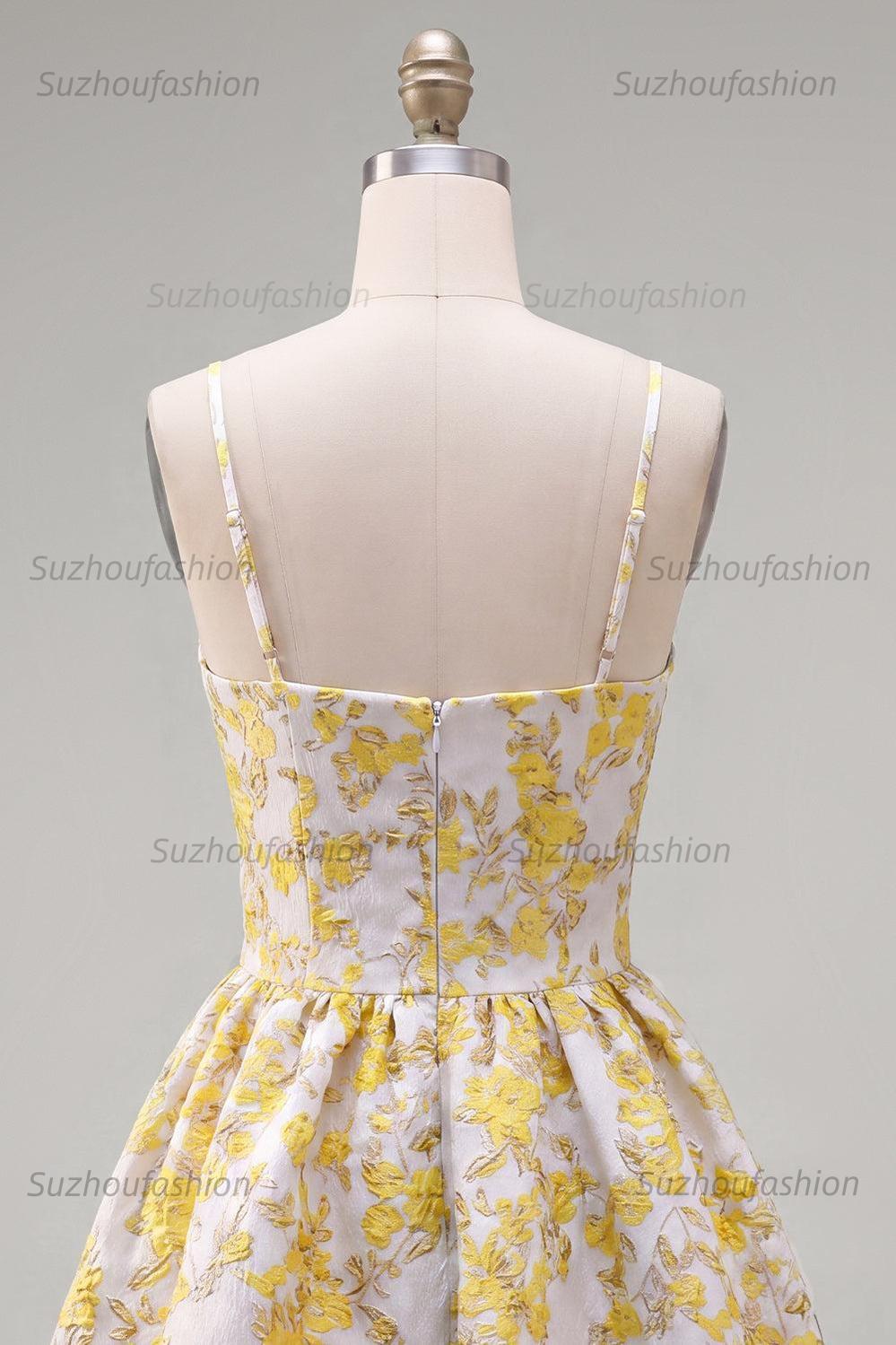 Suzhoufashion Butter Yellow Floral Keyhole A-Line Short Homecoming Dress with 3D Flower