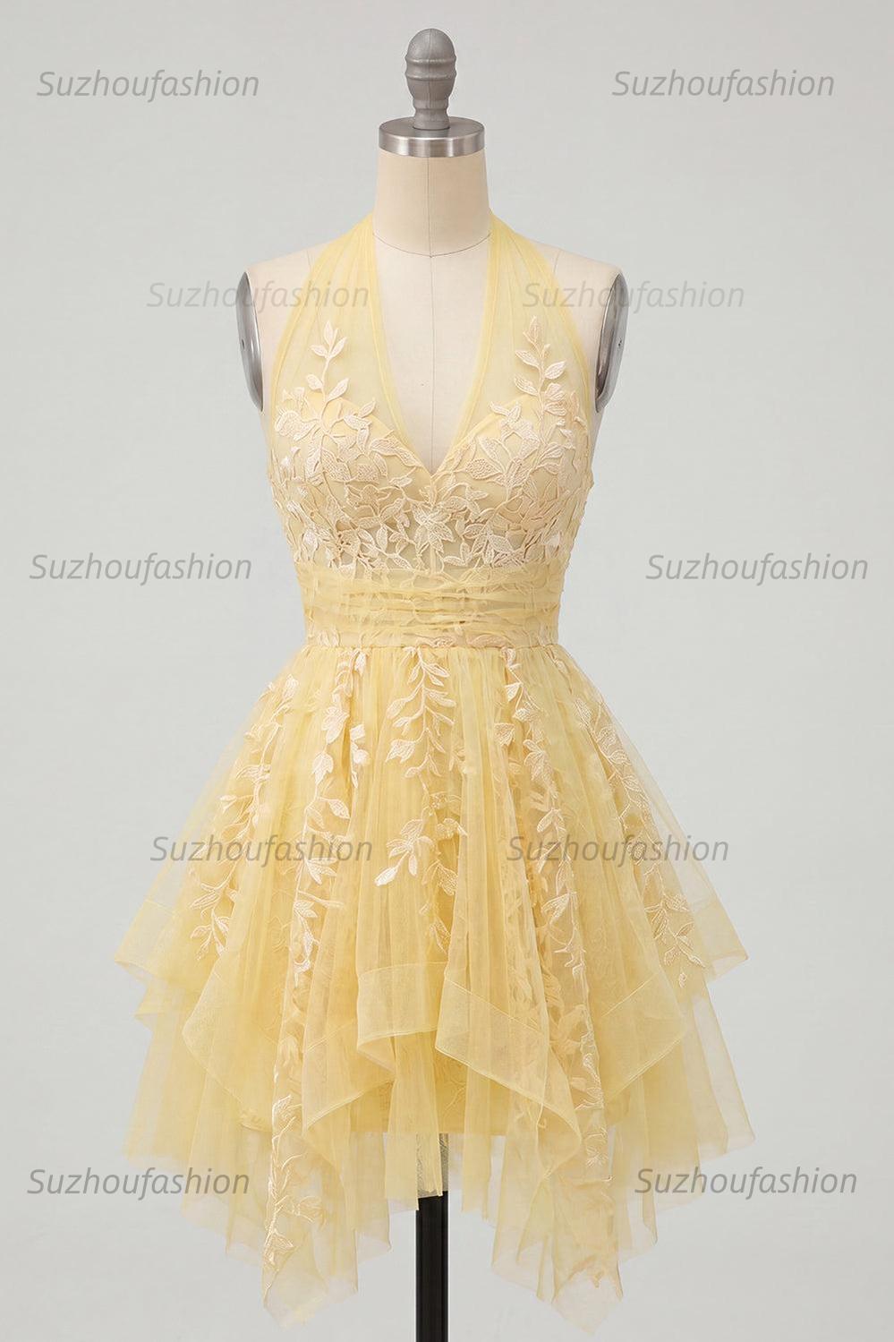 Suzhoufashion Butter Yellow Floral Lace Halter Ruffled A Line Short Homecoming Dress