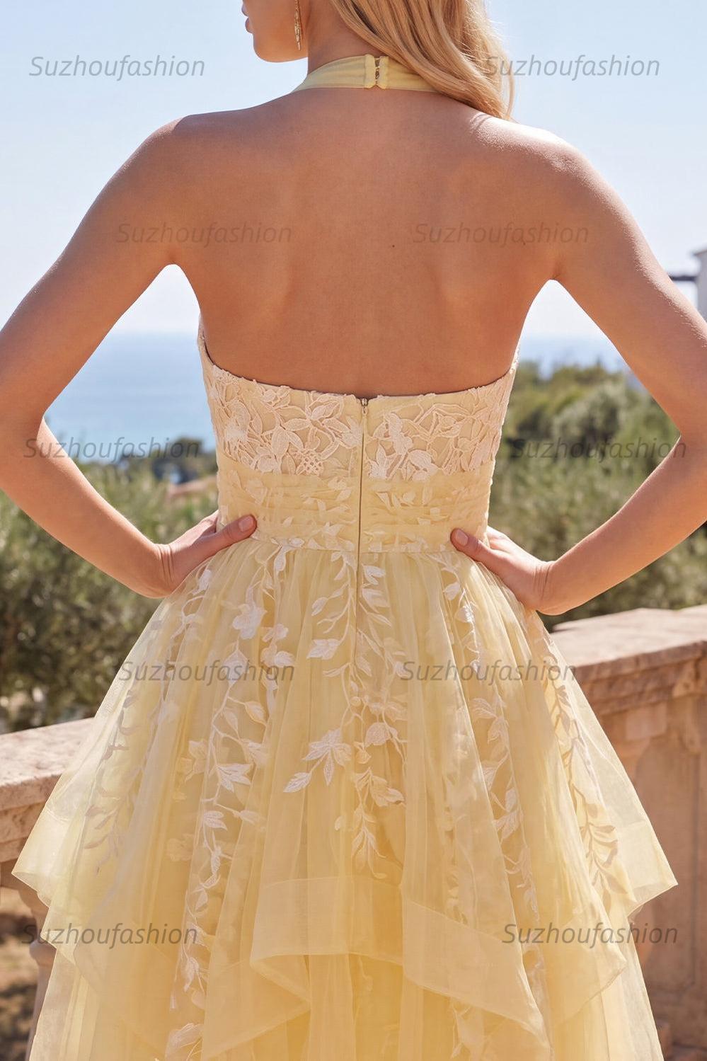 Suzhoufashion Butter Yellow Floral Lace Halter Ruffled A Line Short Homecoming Dress