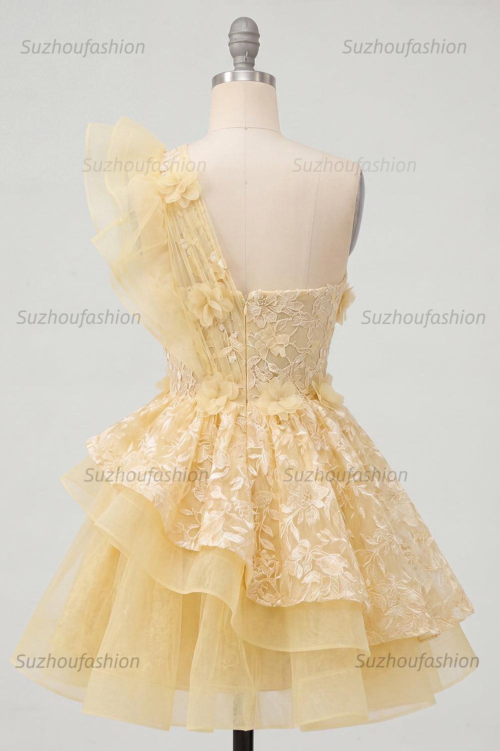 Suzhoufashion Butter Yellow Lace Floral Ruffled One Shoulder A Line Short Homecoming Dress