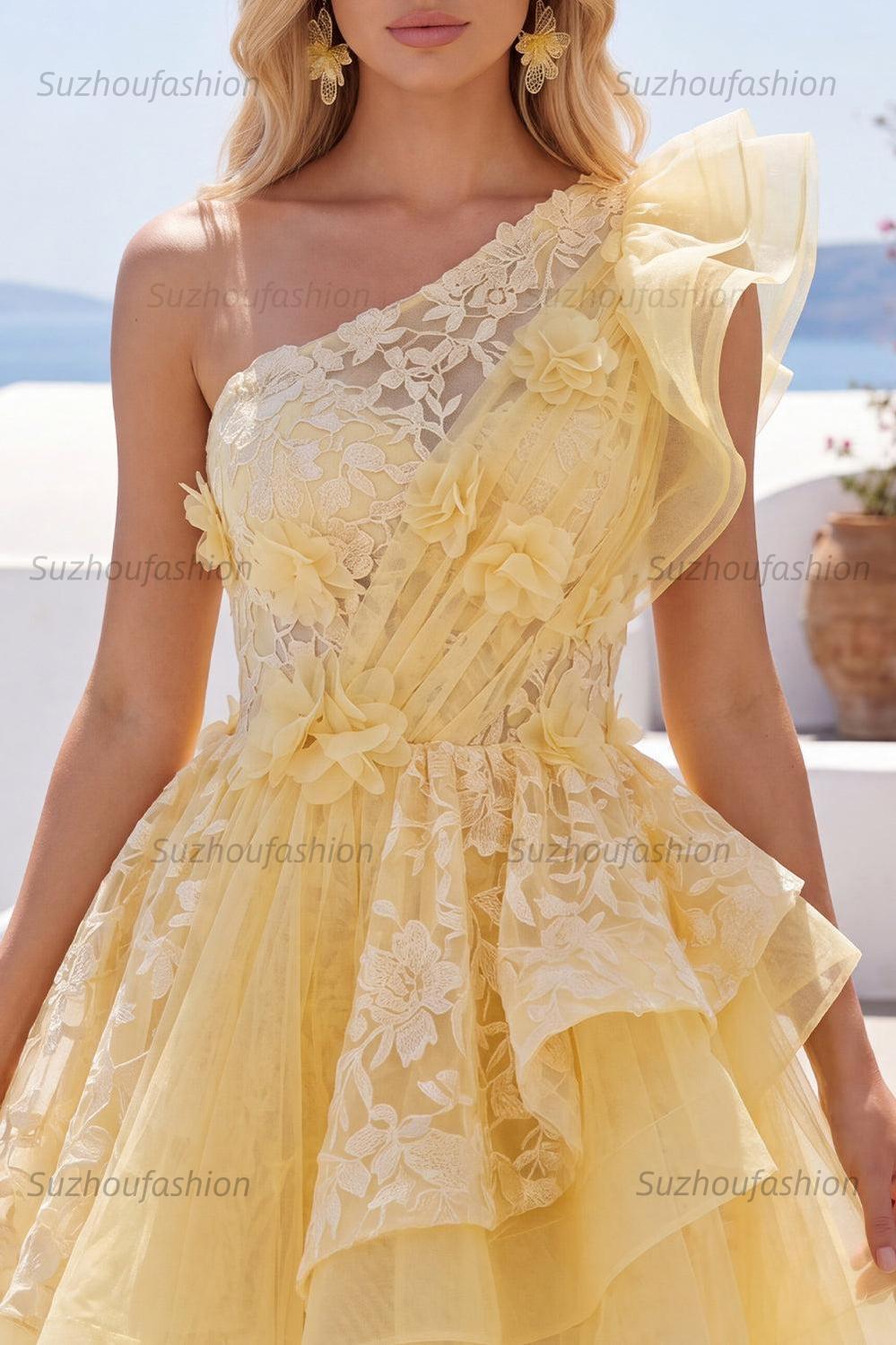 Suzhoufashion Butter Yellow Lace Floral Ruffled One Shoulder A Line Short Homecoming Dress