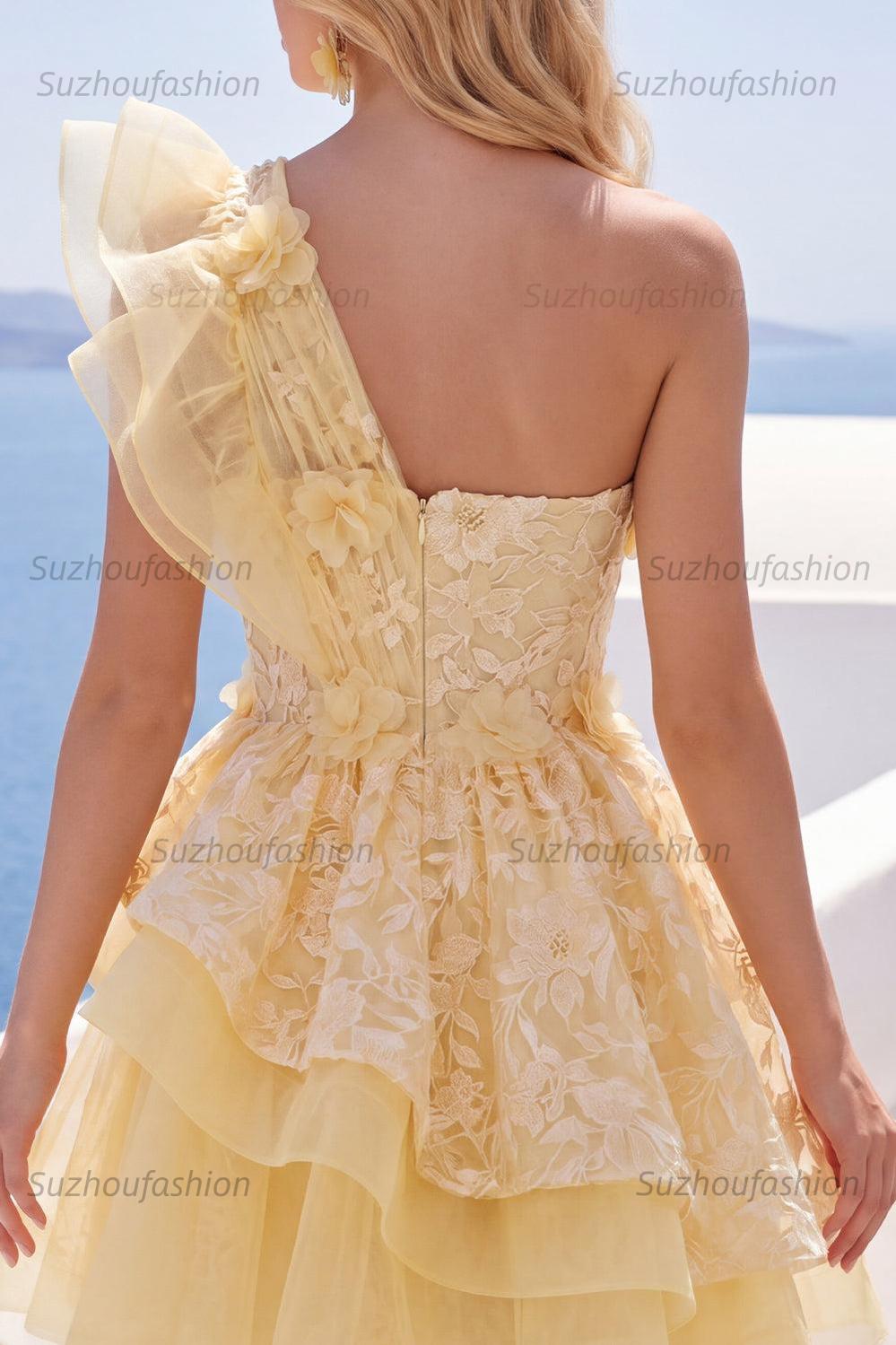 Suzhoufashion Butter Yellow Lace Floral Ruffled One Shoulder A Line Short Homecoming Dress