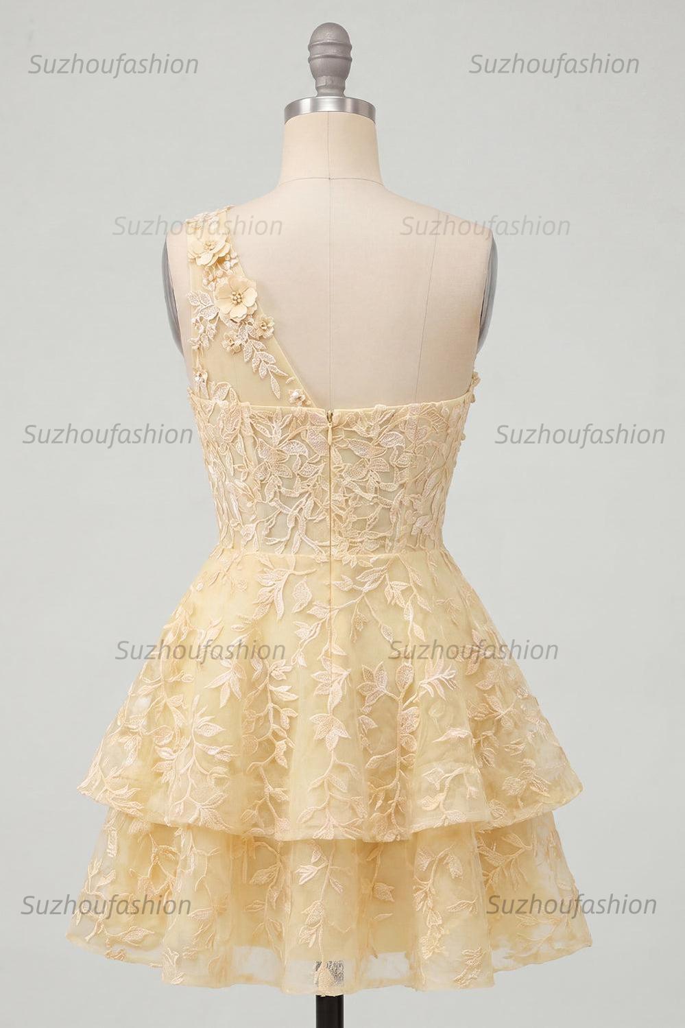 Suzhoufashion Butter Yellow Short Lace Floral One Shoulder Ruffled A Line Corset Homecoming Dress