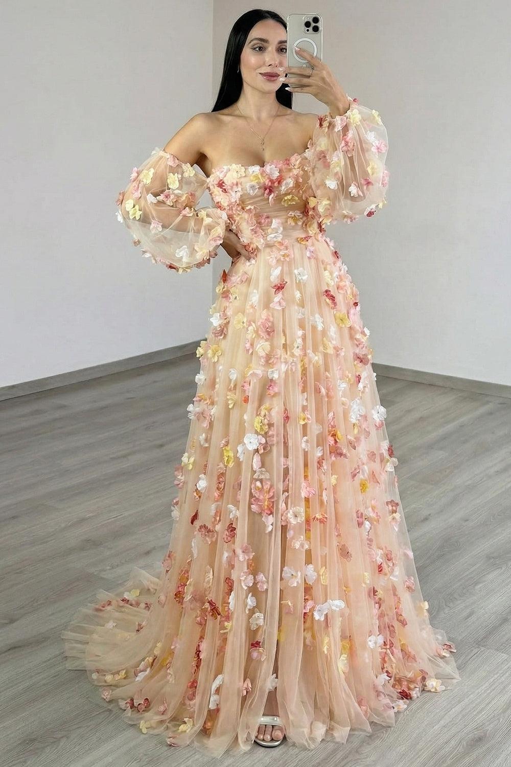 Suzhoufashion Champagne Floral Prom Dress Tulle A Line Long Formal Dress With Sleeves
