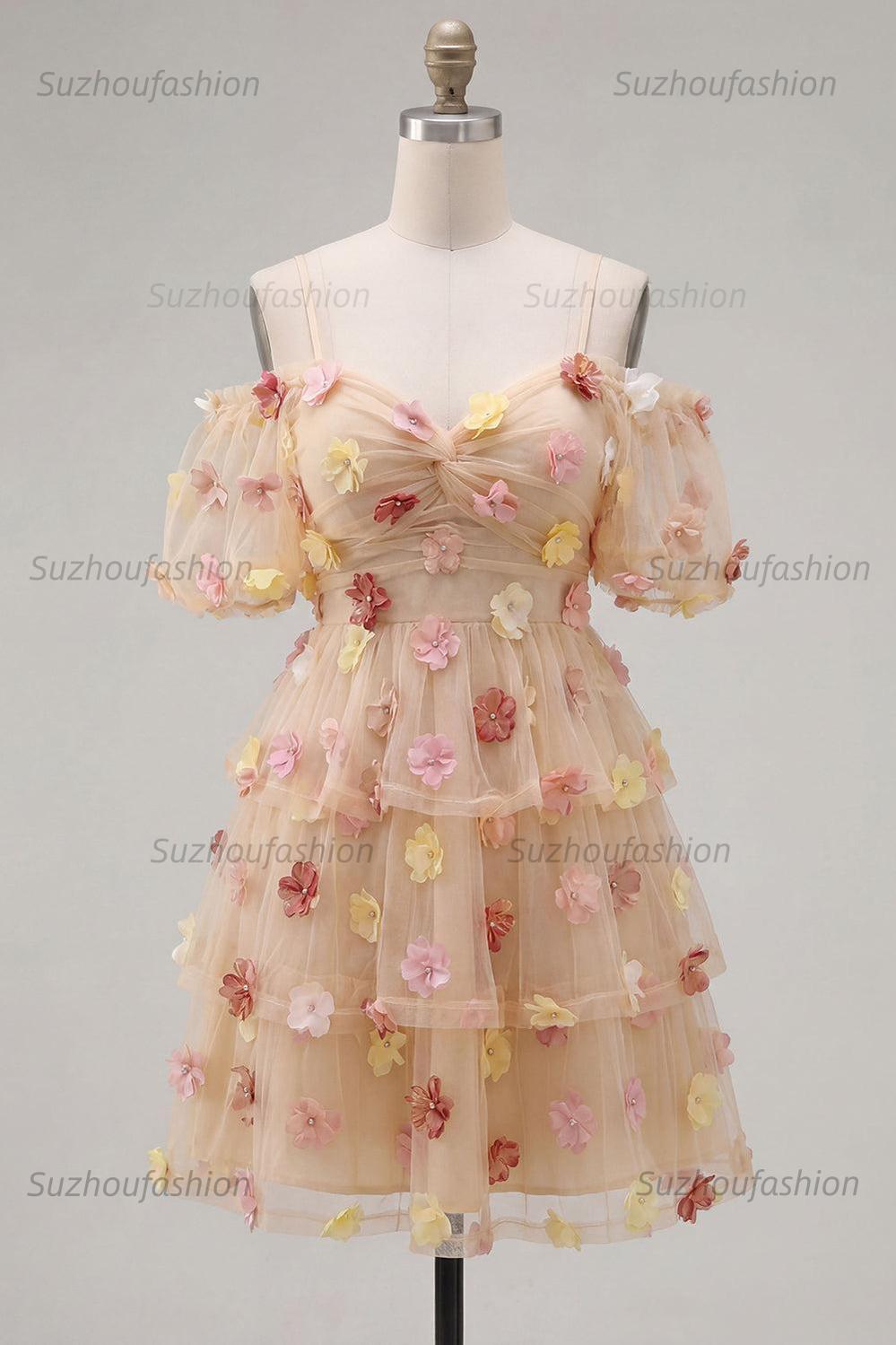 Suzhoufashion Champagne Floral Puff Sleeves A-Line Short Homecoming Dress