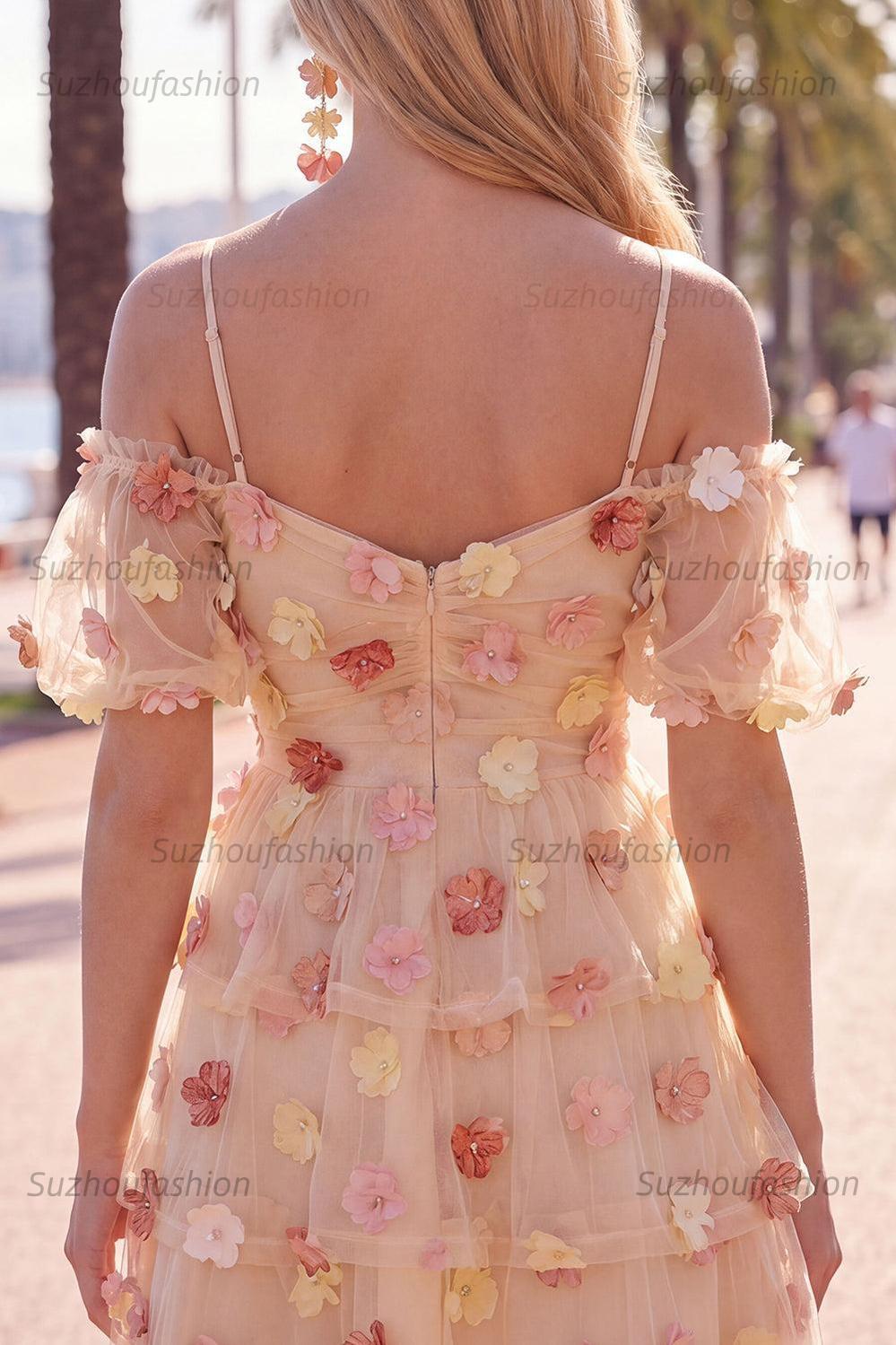 Suzhoufashion Champagne Floral Puff Sleeves A-Line Short Homecoming Dress