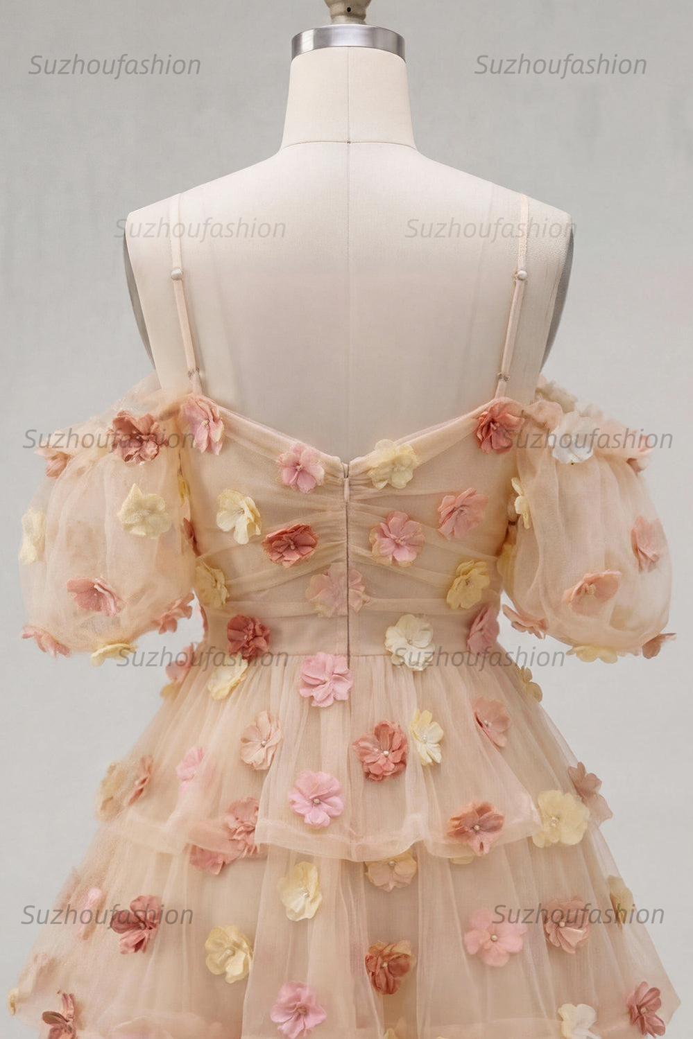 Suzhoufashion Champagne Floral Puff Sleeves A-Line Short Homecoming Dress