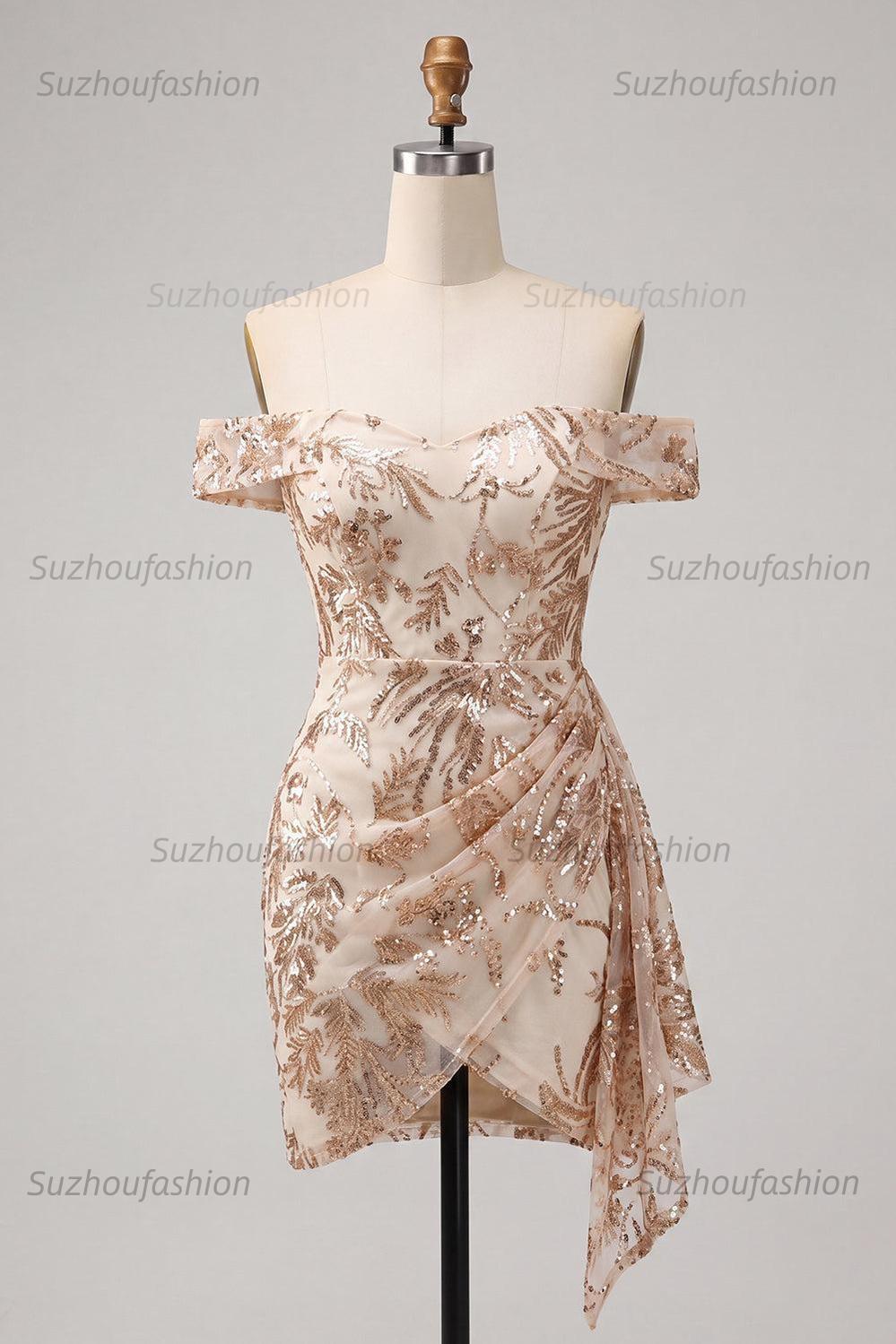 Suzhoufashion Champagne Floral Sequins Tight Short Homecoming Dress