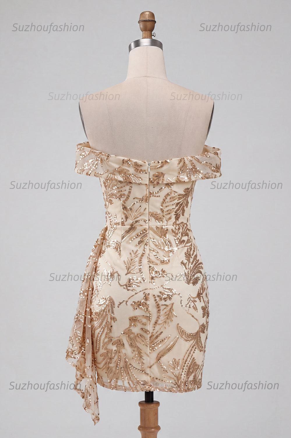 Suzhoufashion Champagne Floral Sequins Tight Short Homecoming Dress