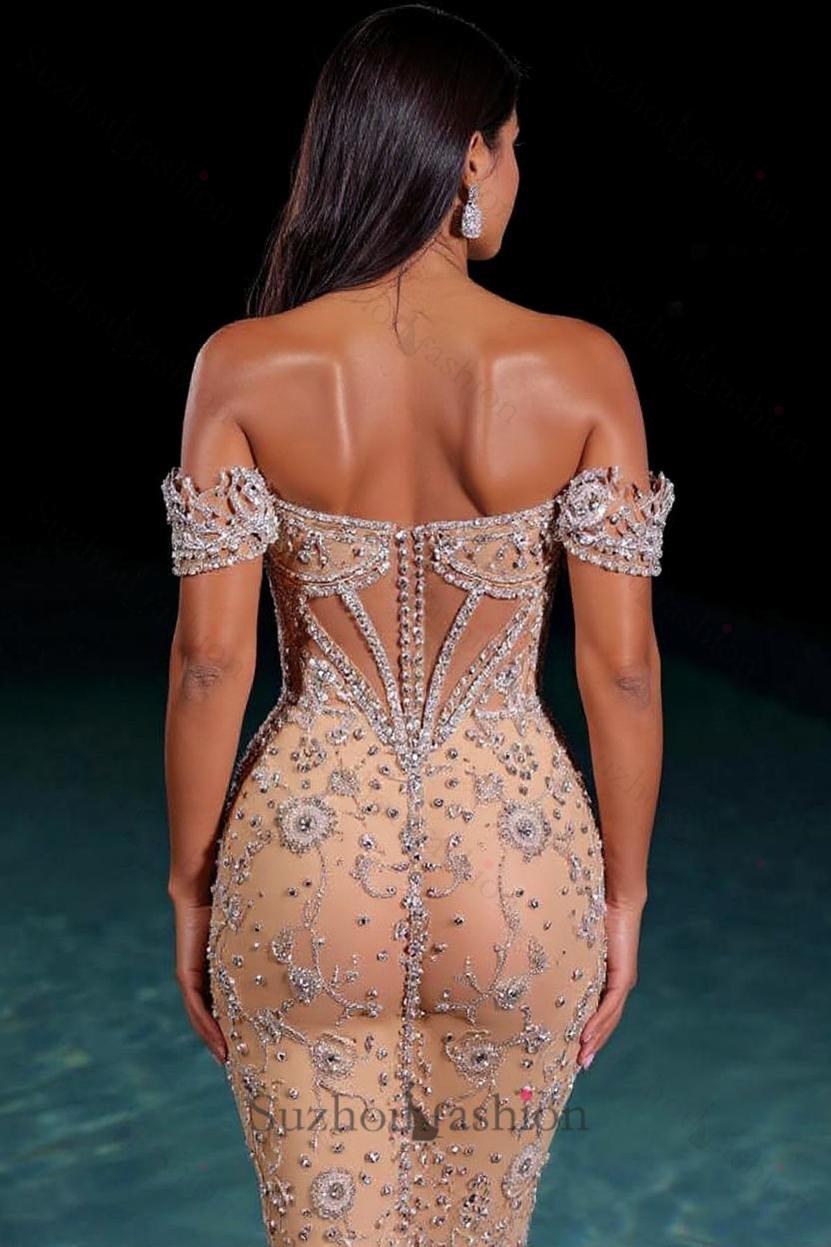 Suzhoufashion Champagne Formal Dress Off the Shoulder Tulle Corset Prom Dress with Rhinestones
