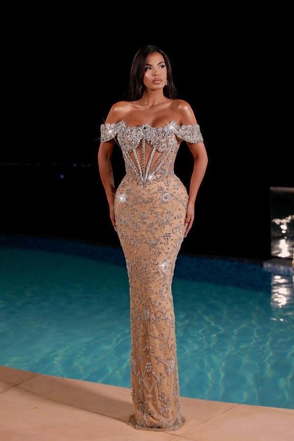 Suzhoufashion Champagne Formal Dress Off the Shoulder Tulle Corset Prom Dress with Rhinestones