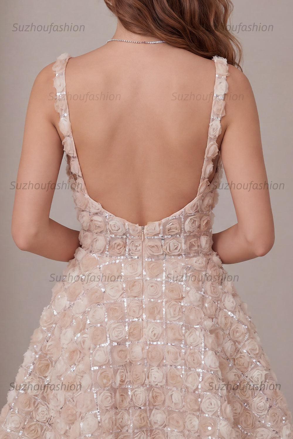 Suzhoufashion Champagne Sequin A-Line Short Homecoming Dress with 3D Flowers