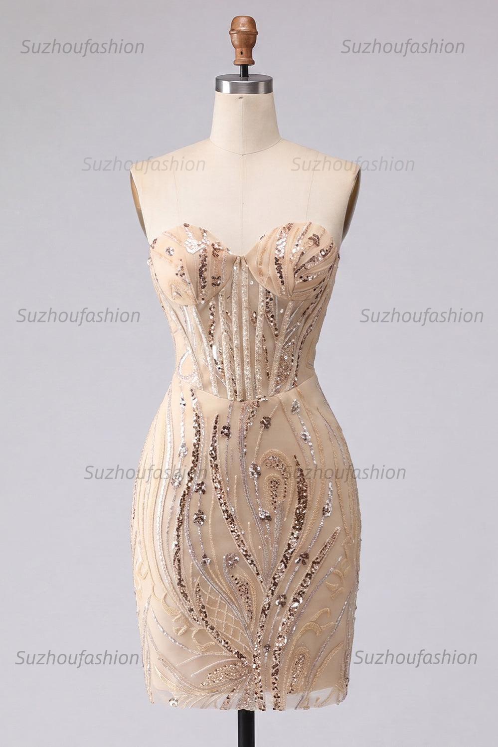 Suzhoufashion Champagne Sequin Tight Short Corset Homecoming Dress