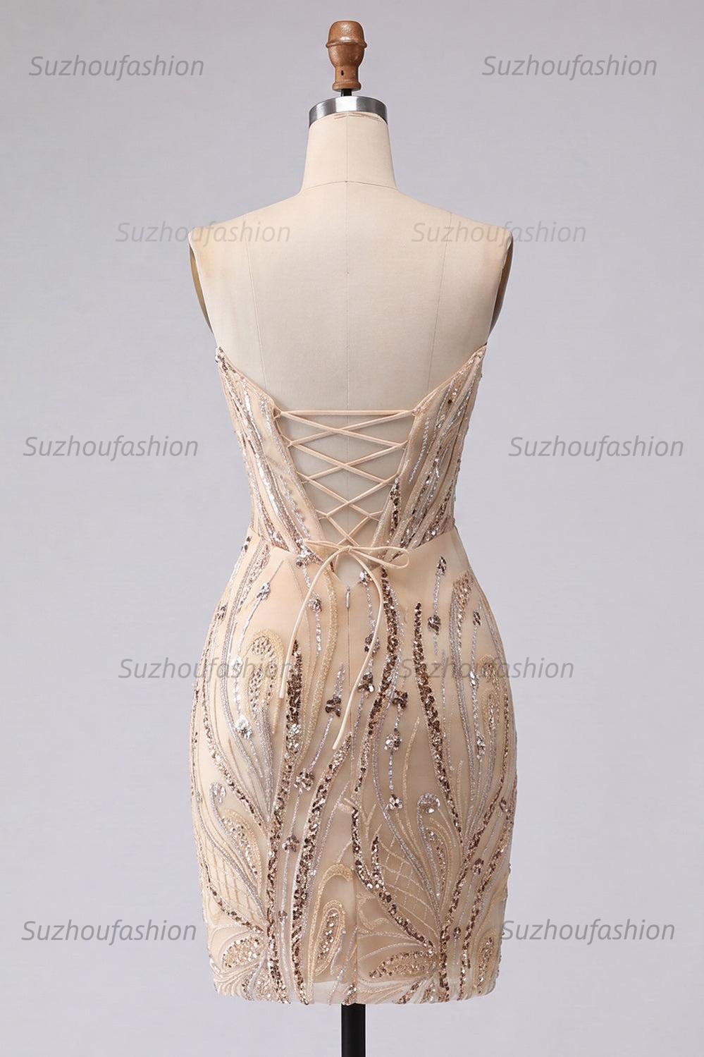 Suzhoufashion Champagne Sequin Tight Short Corset Homecoming Dress