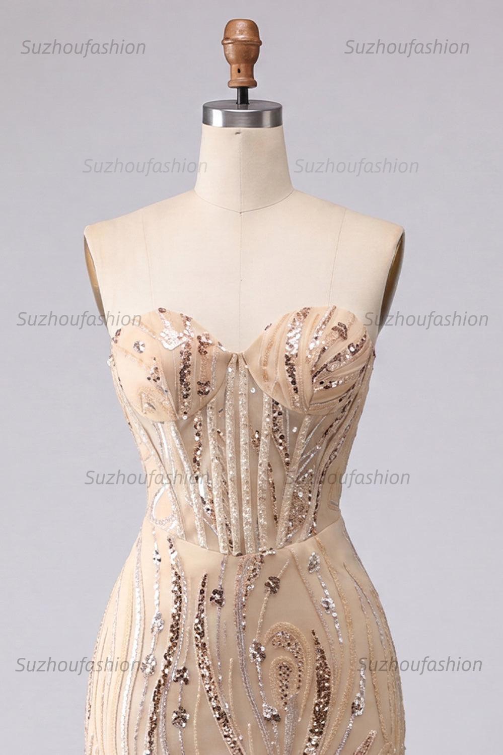 Suzhoufashion Champagne Sequin Tight Short Corset Homecoming Dress