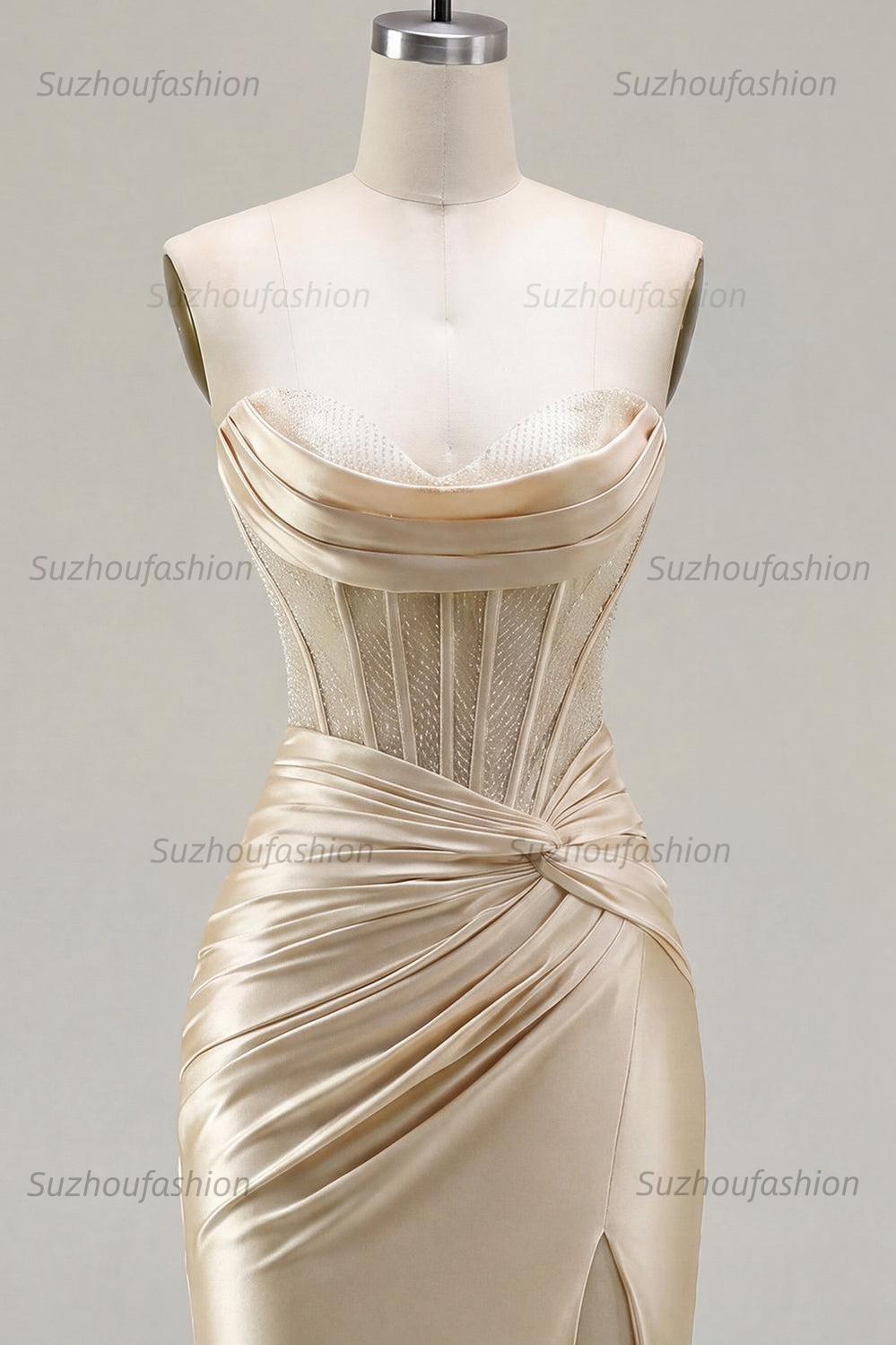 Suzhoufashion Champagne Strapless Ruched Corset Tight Short Homecoming Dress with Slit