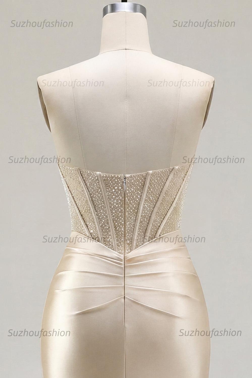 Suzhoufashion Champagne Strapless Ruched Corset Tight Short Homecoming Dress with Slit