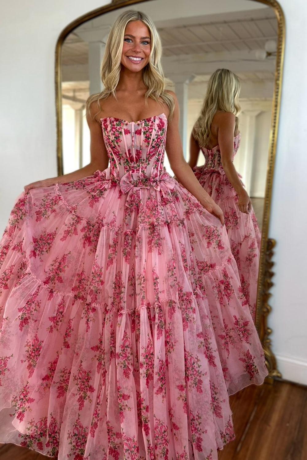 Suzhoufashion Charming A-Line Pink Strapless Long Print Tulle Prom Party Dress Formal Evening Gown