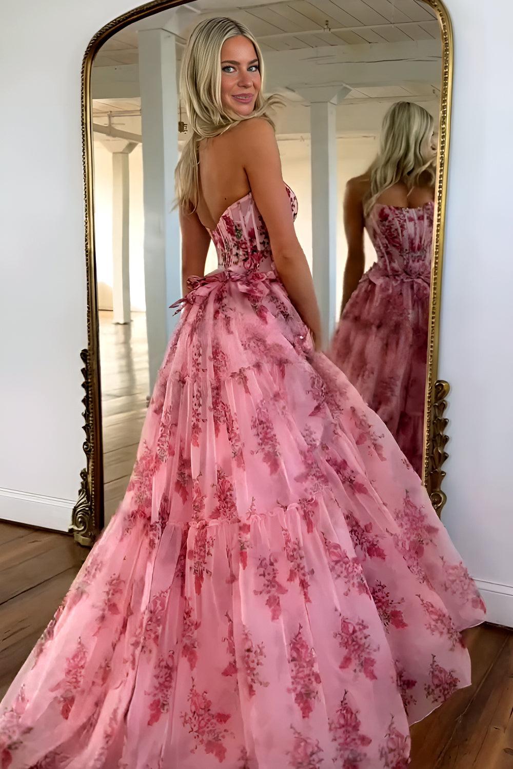 Suzhoufashion Charming A-Line Pink Strapless Long Print Tulle Prom Party Dress Formal Evening Gown