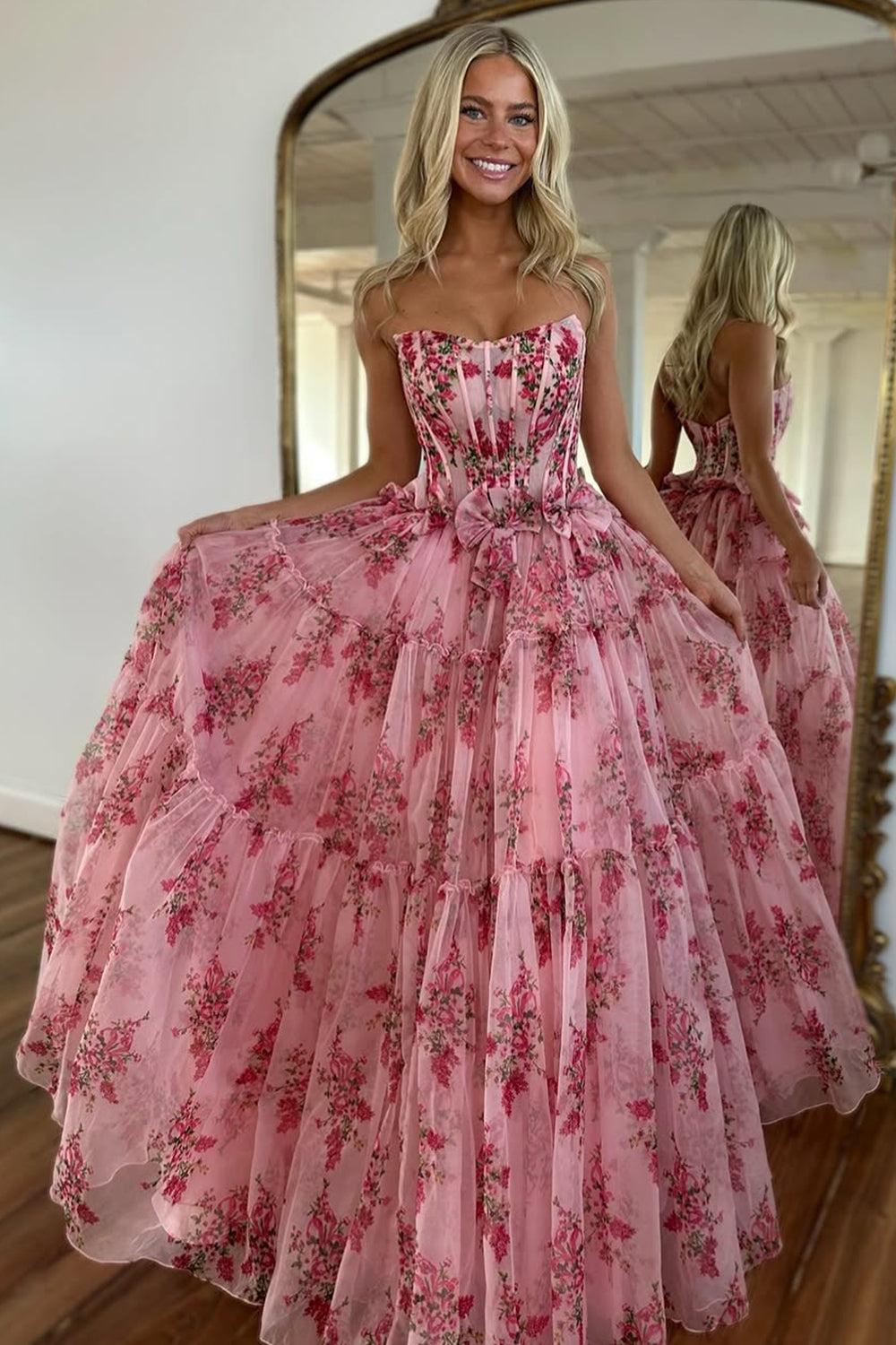 Suzhoufashion Charming A-Line Pink Strapless Long Print Tulle Prom Party Dress Formal Evening Gown