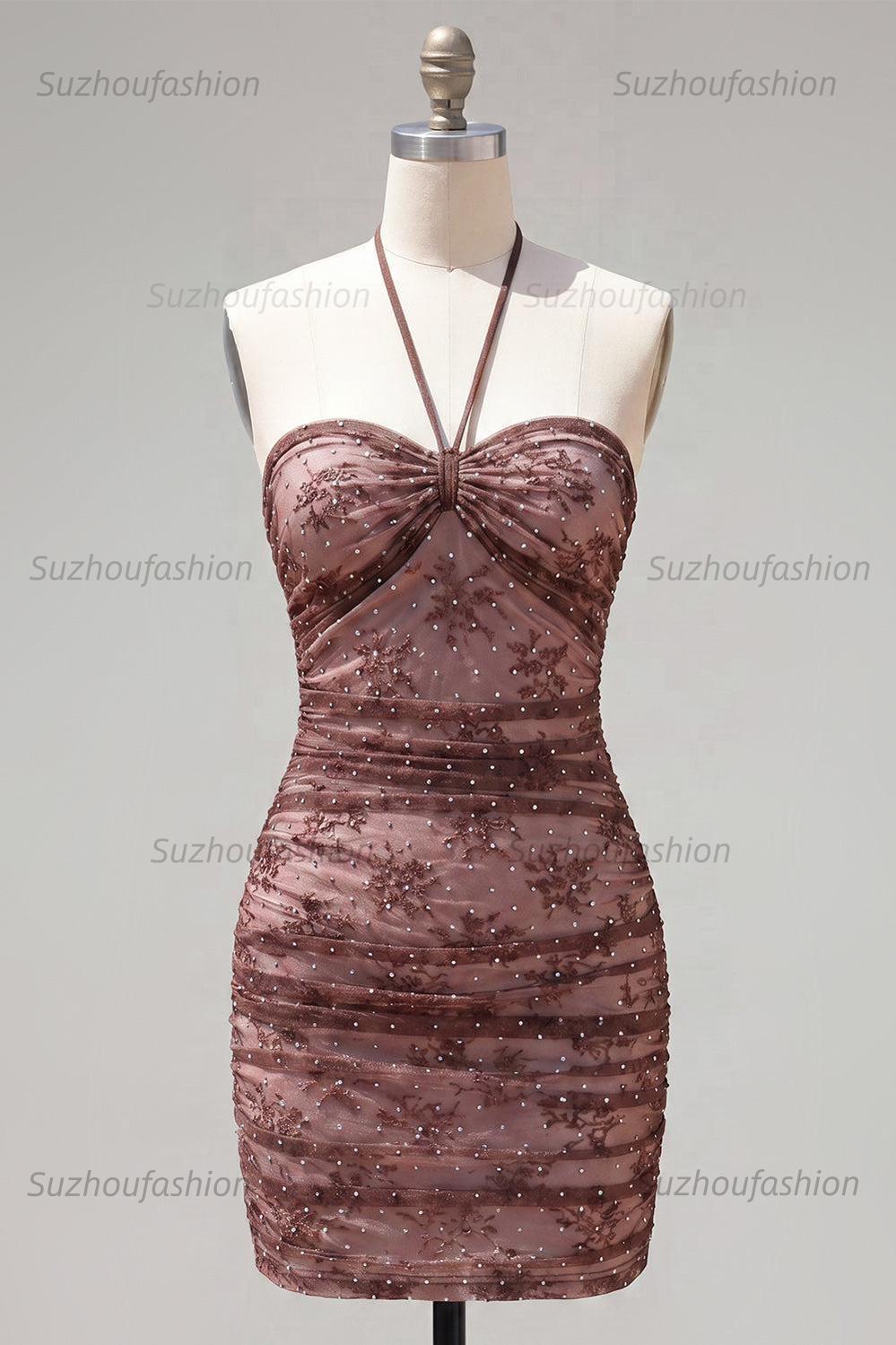 Suzhoufashion Chocolate Brown Halter Beaded Ruched Tight Short Homecoming Dress