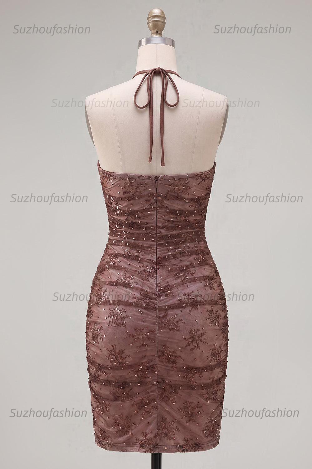 Suzhoufashion Chocolate Brown Halter Beaded Ruched Tight Short Homecoming Dress