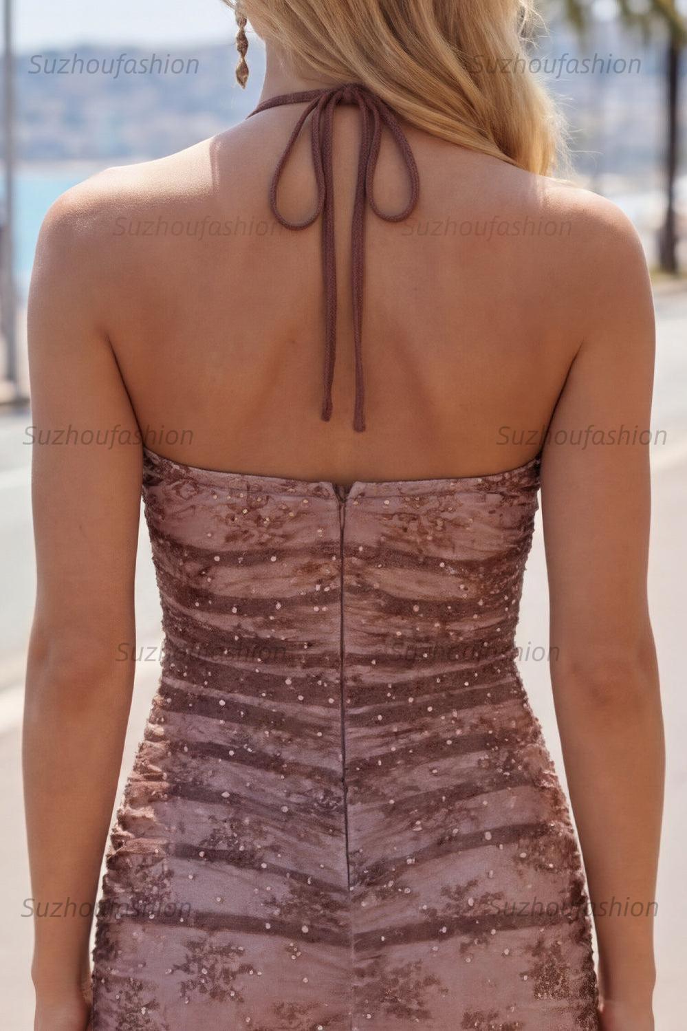 Suzhoufashion Chocolate Brown Halter Beaded Ruched Tight Short Homecoming Dress