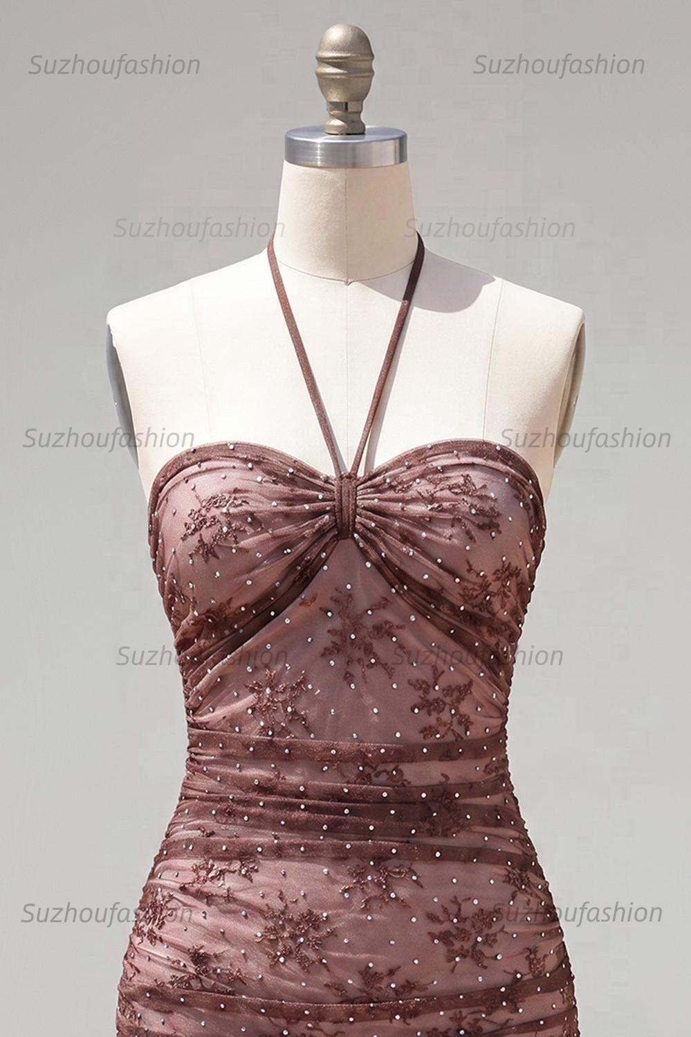 Suzhoufashion Chocolate Brown Halter Beaded Ruched Tight Short Homecoming Dress
